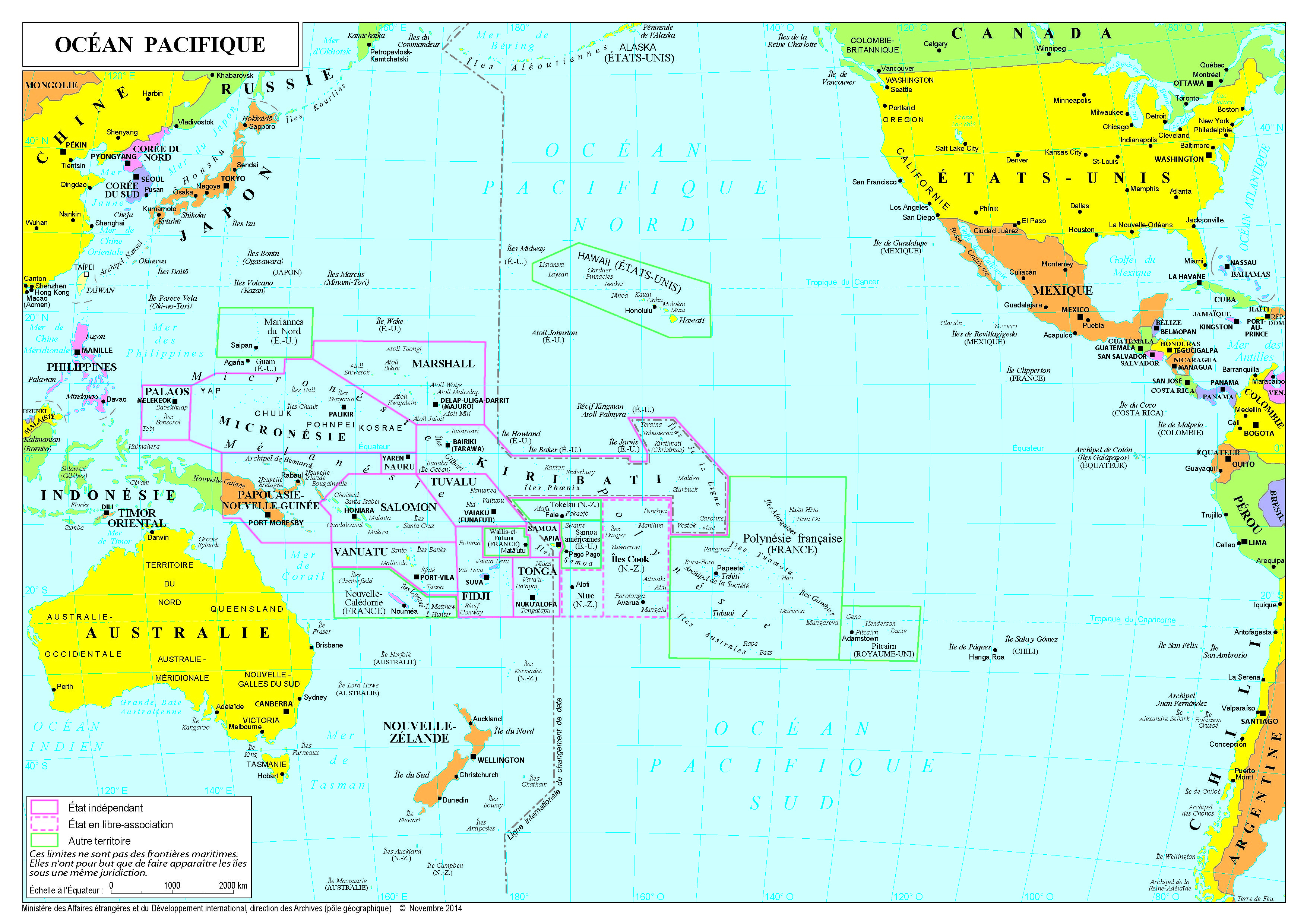 Carte de l'océan Pacifique, des îles, archipels et pays riverains